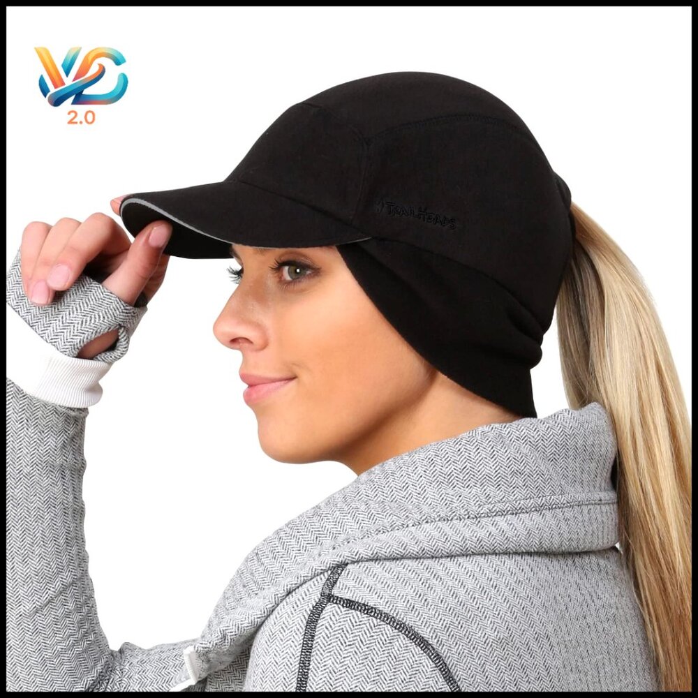Fleece Ponytail Baseball Cap With Reflective Accents Ear Warmer Winter Sporty